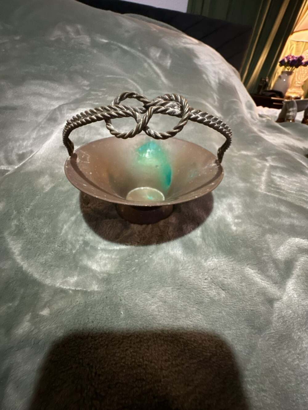 Vintage Handmade Copper Fruit Bowl with Rope Handle and Stand